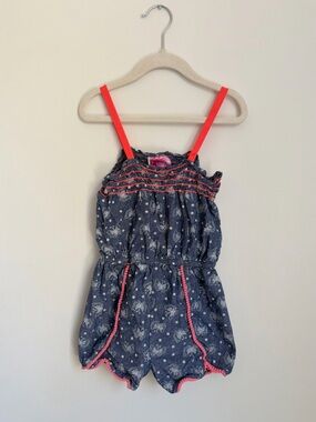 Penny M Butterfly Denim Romper with Coral Trim (Size 6)